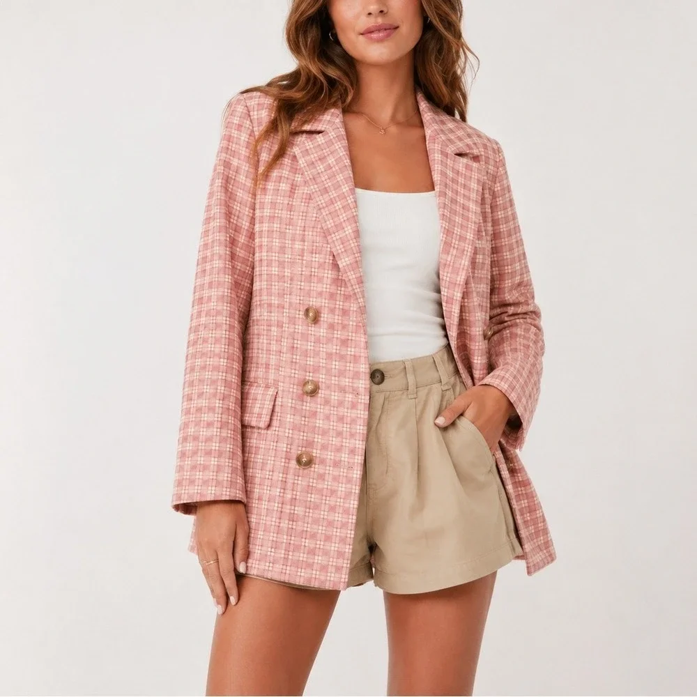 Free People Olivia Gingham Blazer M Pink Plaid Double Breasted Belted